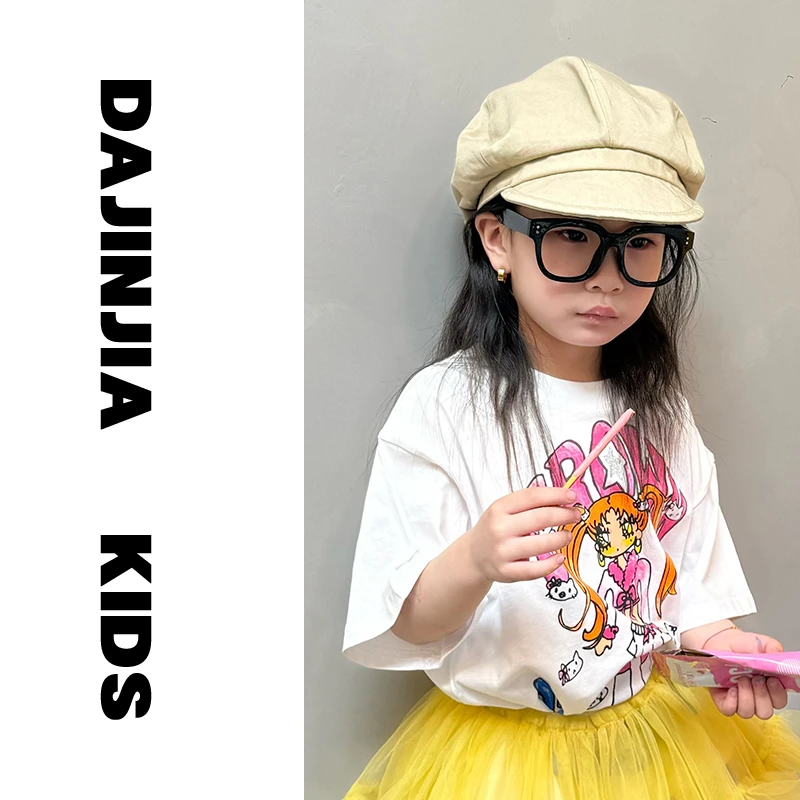 大金定制夏季大版宽松巨好看卡通少女洋气印花字母棉感女短袖上衣