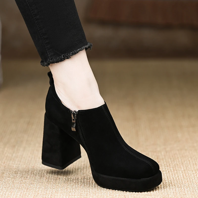 通勤黑色粗跟深口单鞋小个子增高女鞋8.5cm粗跟羊反皮方头高跟鞋