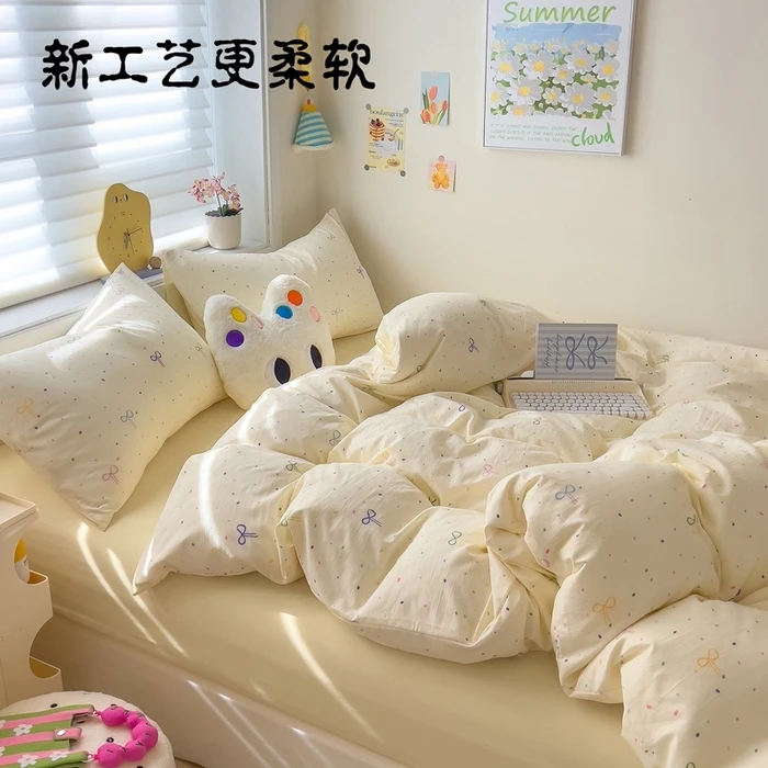 新款升级超软水洗棉木棉双层纱被套四件套单人学生宿舍三件套床笠