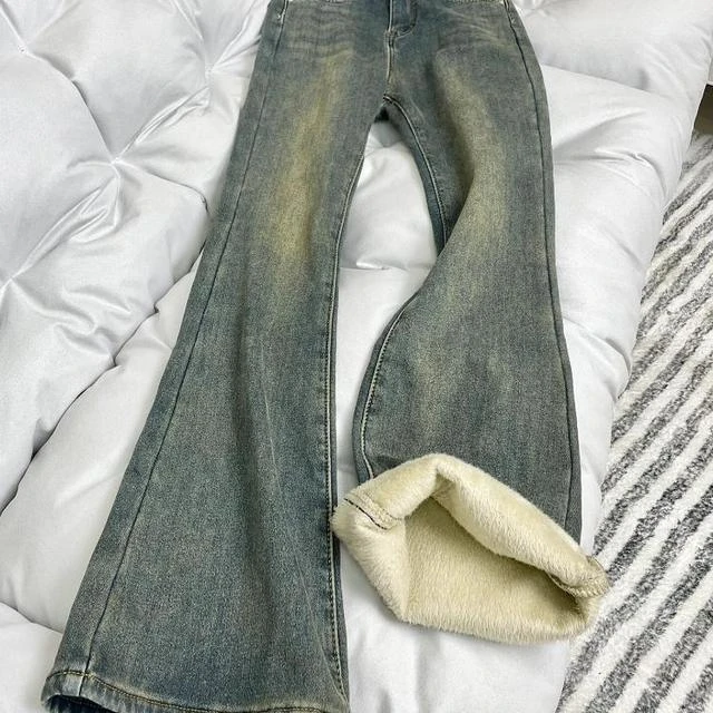复古蓝直筒加绒加厚牛仔裤女冬季大码胖mm高腰遮胯弹力微喇马蹄裤