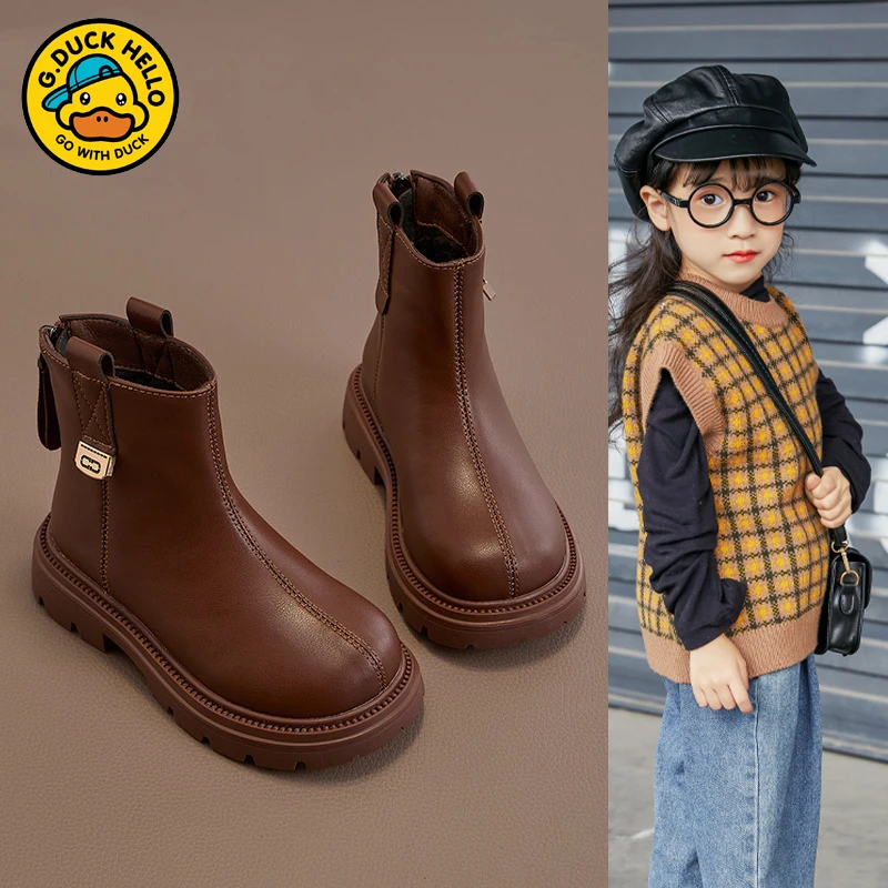 女童靴子儿童短靴真皮加绒公主秋冬简约软底时尚中大童防滑马丁靴
