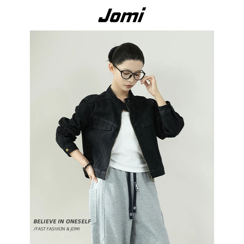 JOMI短款立领夹克女外套休闲复古百搭上衣黑色秋季时尚夹克