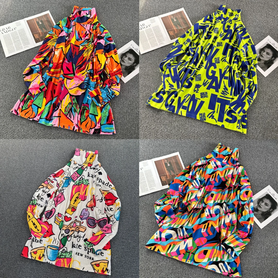 F1972秋冬设计师定制款弹力摇粒绒数码印花堆堆领宽松大版打底衫