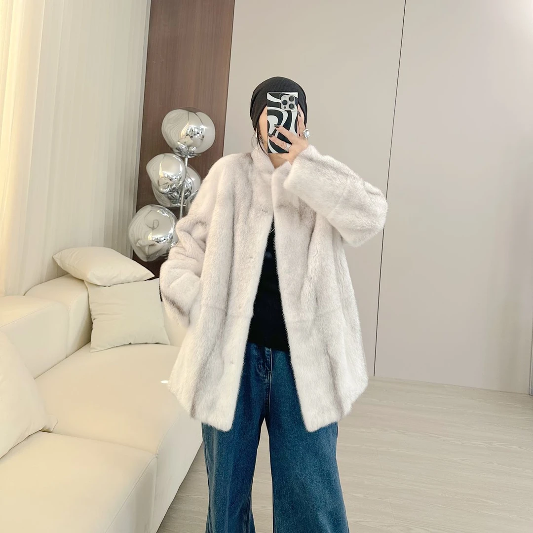 8220 进口小母貂整貂皮草外套复古立领水貂皮草女中长款大衣