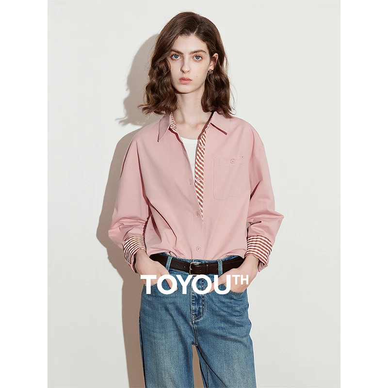 初语骑兵斜纯棉衬衫女春季设计感拼接小众衬衣8512047