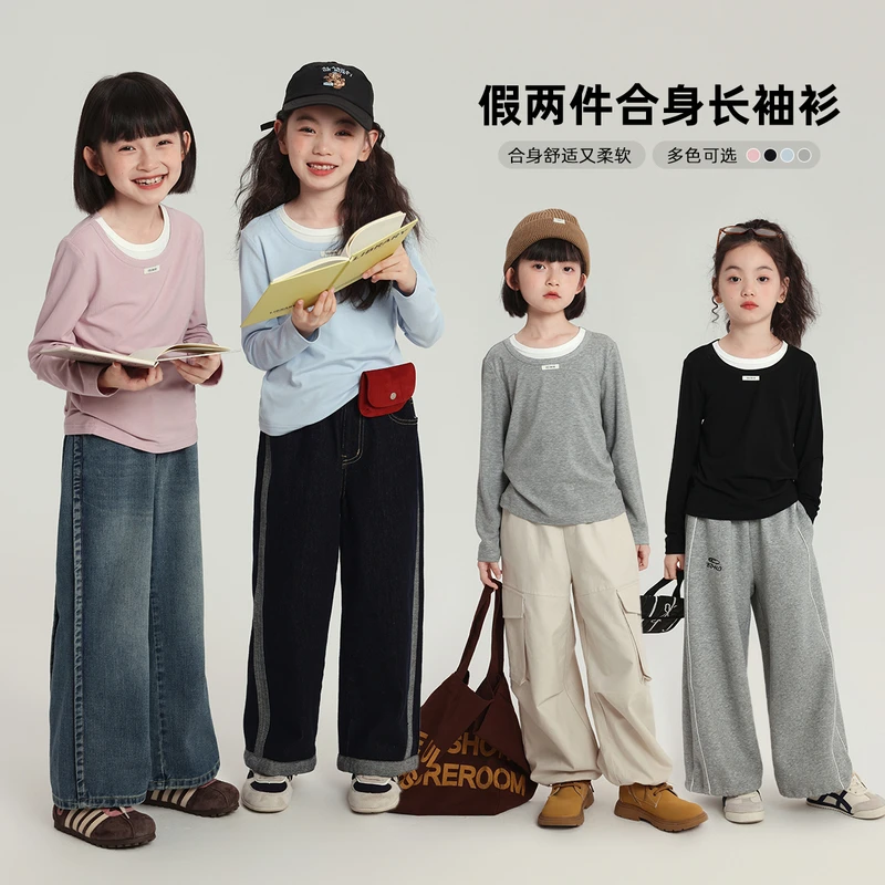 布丁哈鲁【随行时光】女童圆领长袖2025秋季新款假两件T恤G53TN814