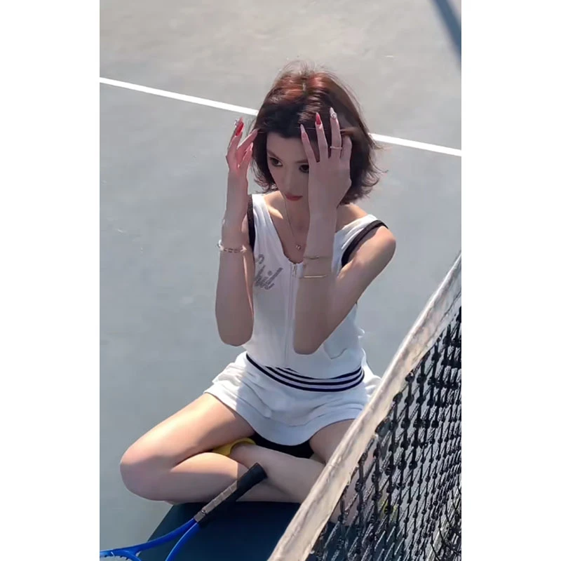 美式辣妹连帽露背街头运动风连衣裙女夏季设计感小众字母休闲短裙