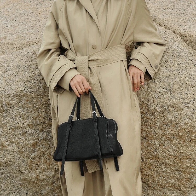 裘真植鞣层小羊皮悠悠保龄球包女复古百搭大容量真皮手提单肩包