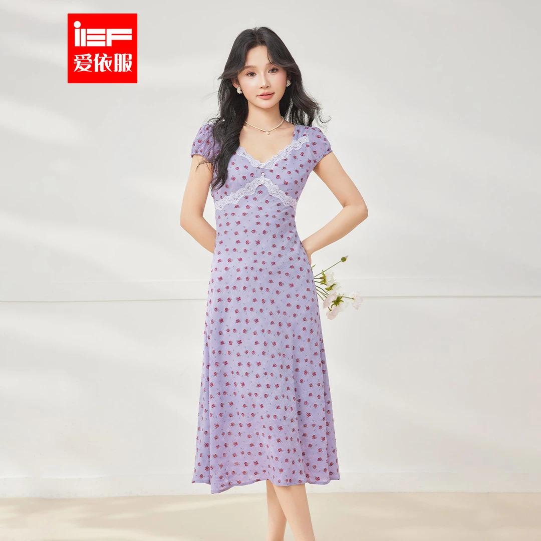 IEF/爱依服2025夏季新款法式复古温柔小女人气质碎花度假连衣长裙