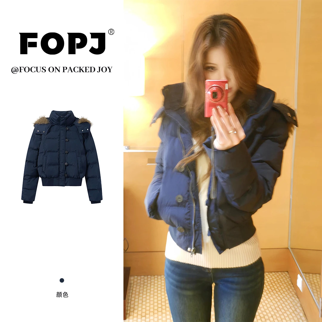 FOPJ学院风韩系棉衣秋冬新款毛领加厚保暖复古感女短款设计感棉服