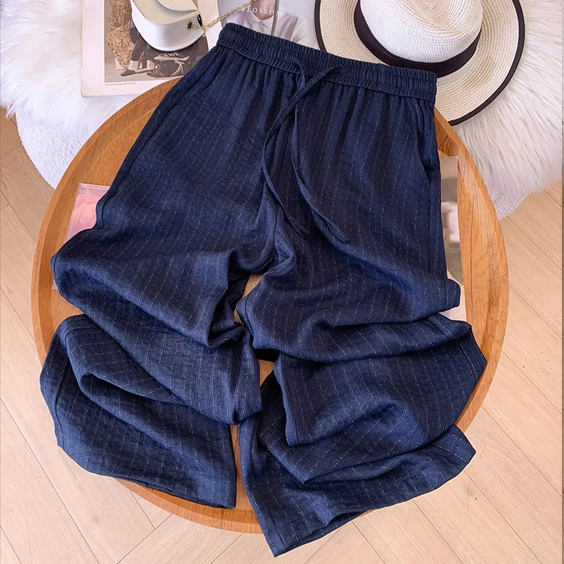拉夏贝尔竖条纹休闲阔腿裤女夏季薄款2025新款透气显瘦凉凉直筒裤