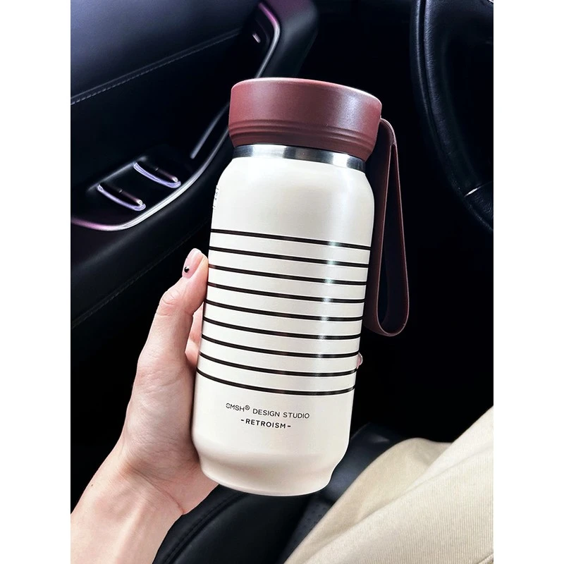 虎牌适用简约条纹保温杯2025新款女生高颜值直饮水杯便携茶水分离