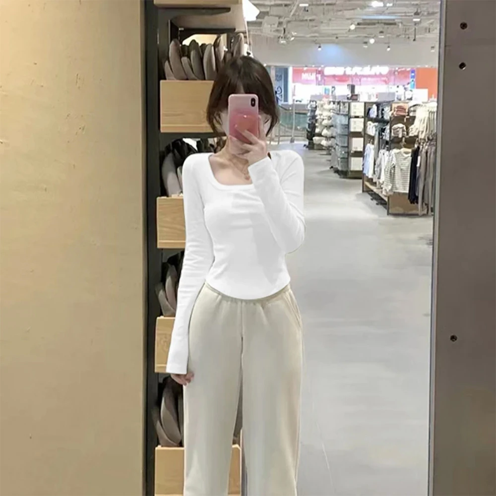 方领加绒秋冬美式正肩T恤女士修身小众保暖U领德绒长袖打底衫上衣