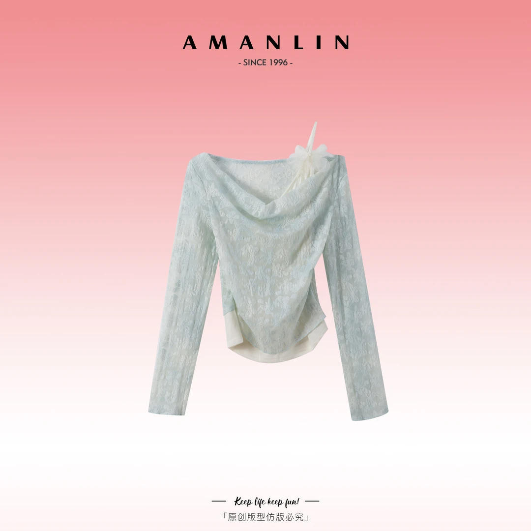 AMANLIN/阿谩琳高级感印花百搭气质不规则领设计感上衣D595861