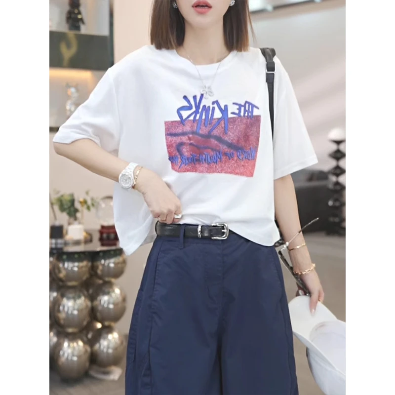 简衣 设计感字母印花正肩短袖t恤女2025夏季新款时尚宽松休闲百搭
