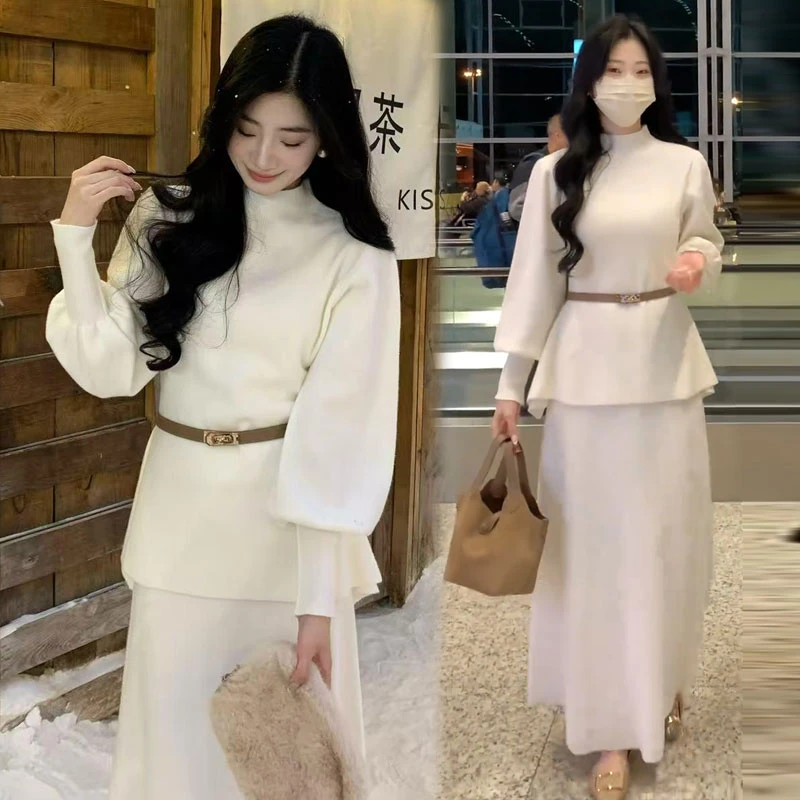 时尚针织套装裙女2025秋冬新款宽松洋气收腰系带上衣半身裙两件套