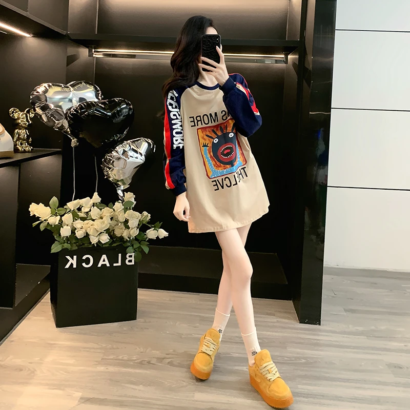 美式复古拼色长袖t恤女2025新款爆款卡通图案宽松显瘦中长款上衣