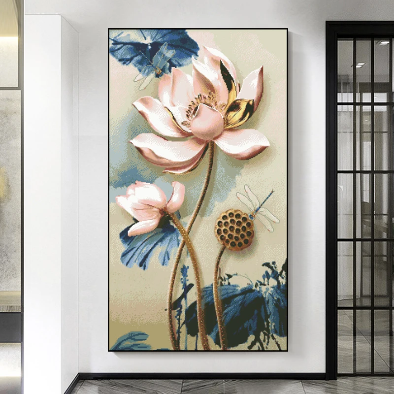 新款满绣无勾边线绣朦胧荷花莲蓬十字绣适合客厅玄关新款