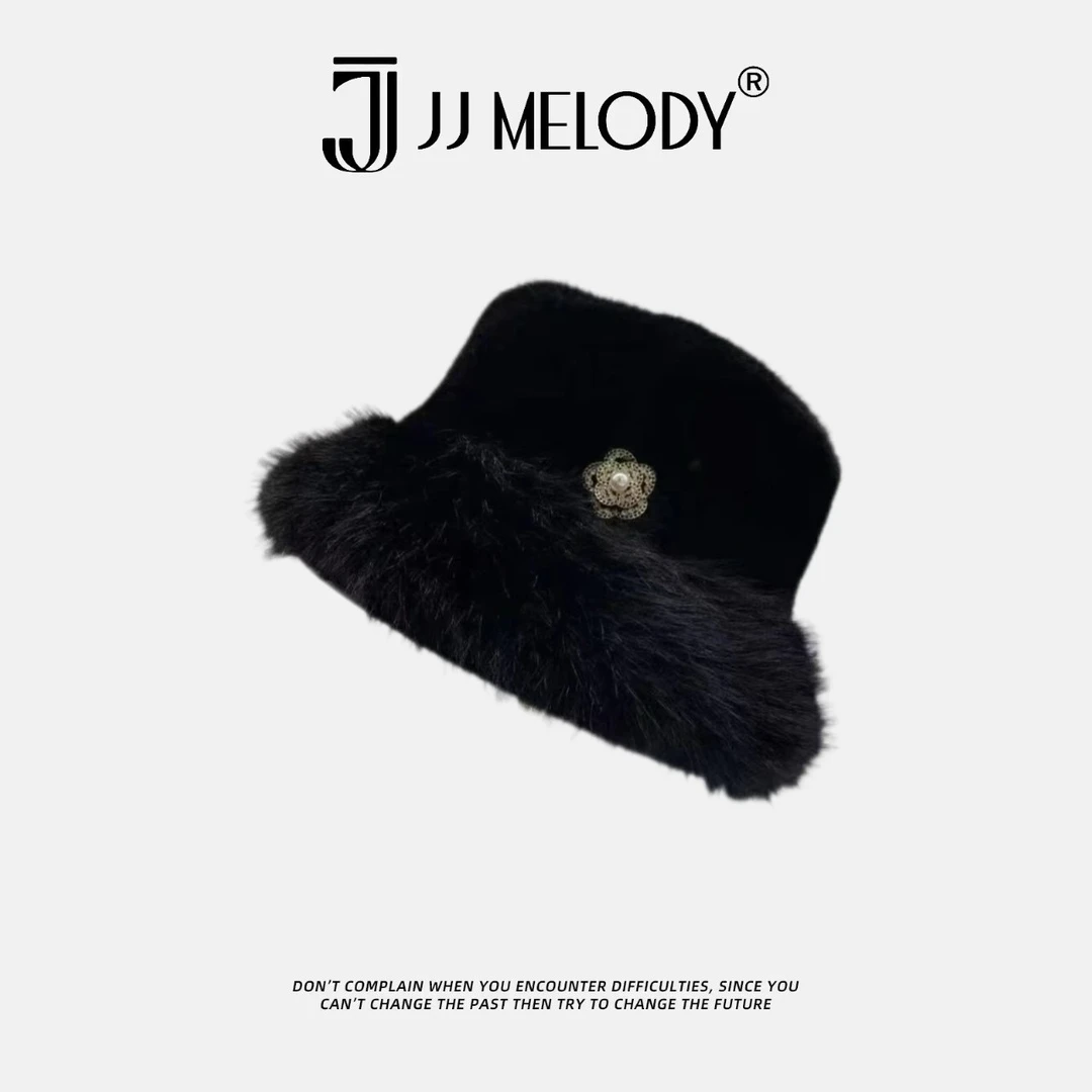 JJ Melody【暖冬绒花】YF2041 黑色贵妇毛绒盆帽 B