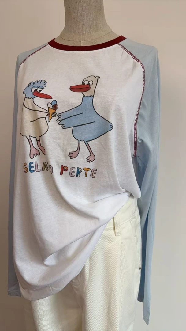 夏季宽松卡通印花长袖T恤防晒秋季薄款春秋插肩袖