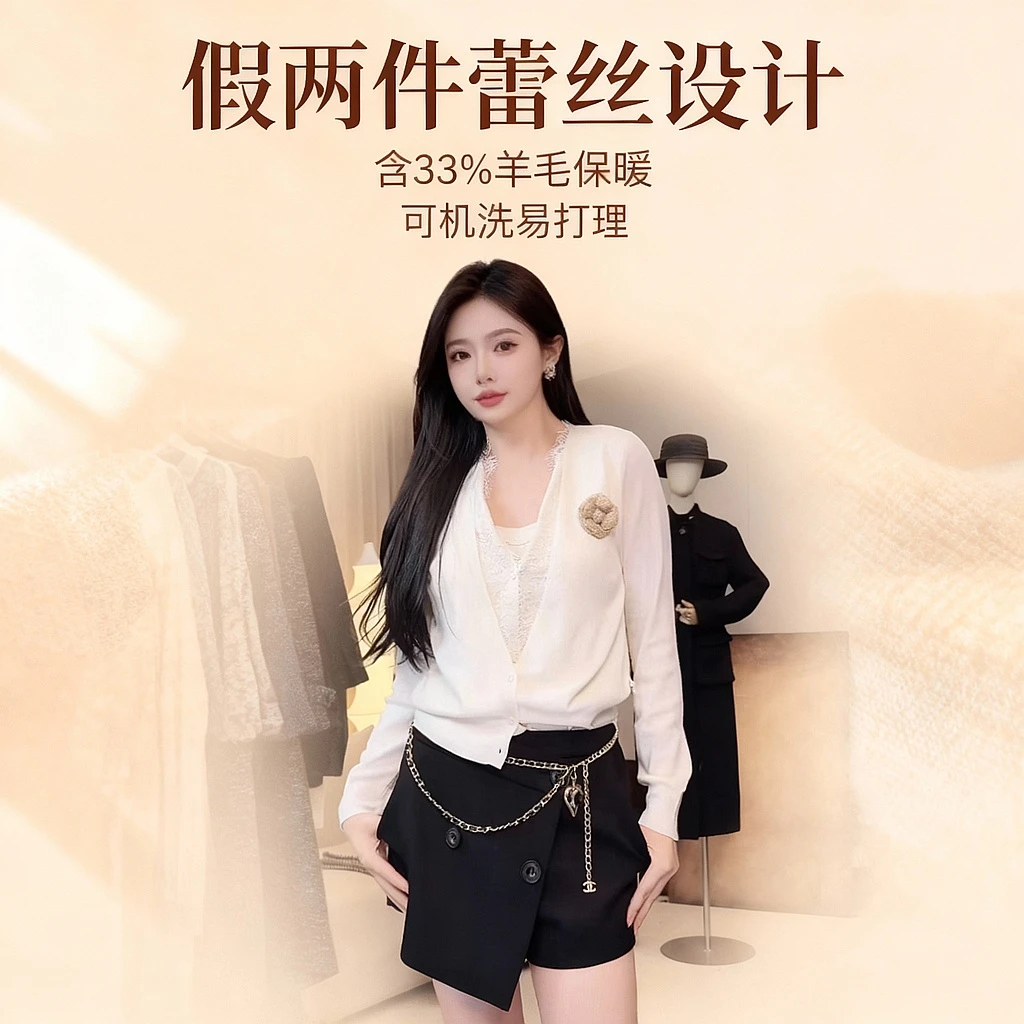 【XSY】ZHAOXI-假两件蕾丝羊毛开衫