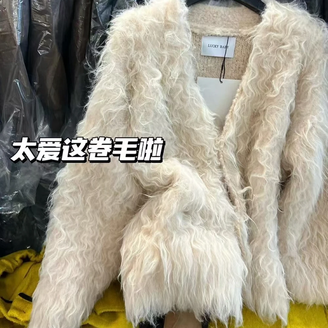 韩系环保卷卷长毛慵懒感开衫女冬新款百搭V领设计感加厚保暖外套