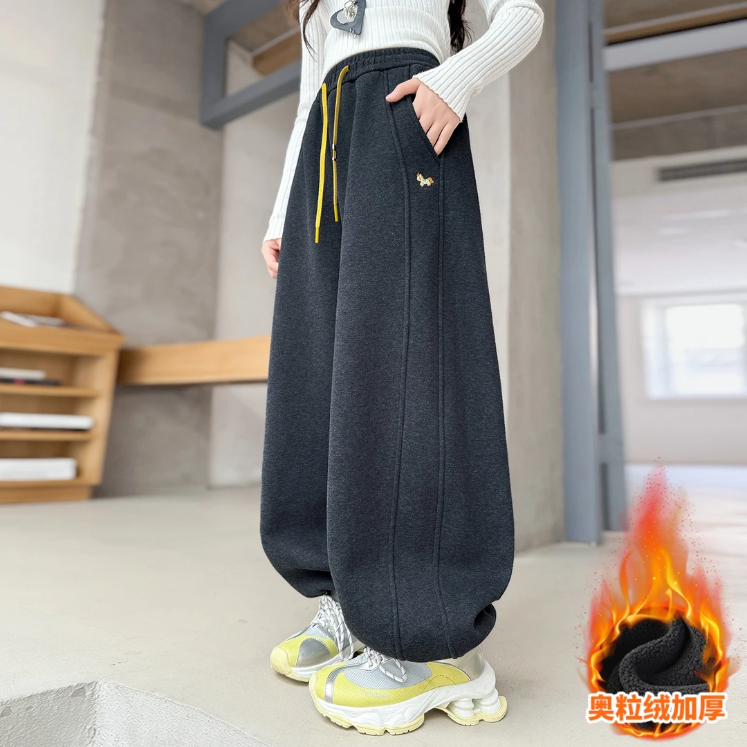女童加绒裤子冬装女大童洋气超好看冬季加厚休闲卫裤初中生运动裤