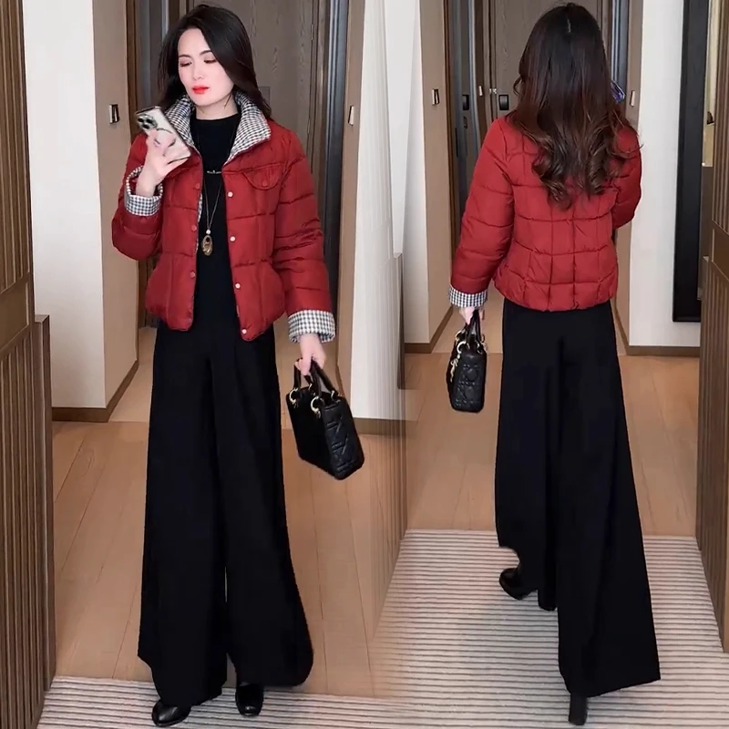 时尚格纹拼接棉服女2025冬季新款洋气宽松显瘦小个子棉袄棉衣外套