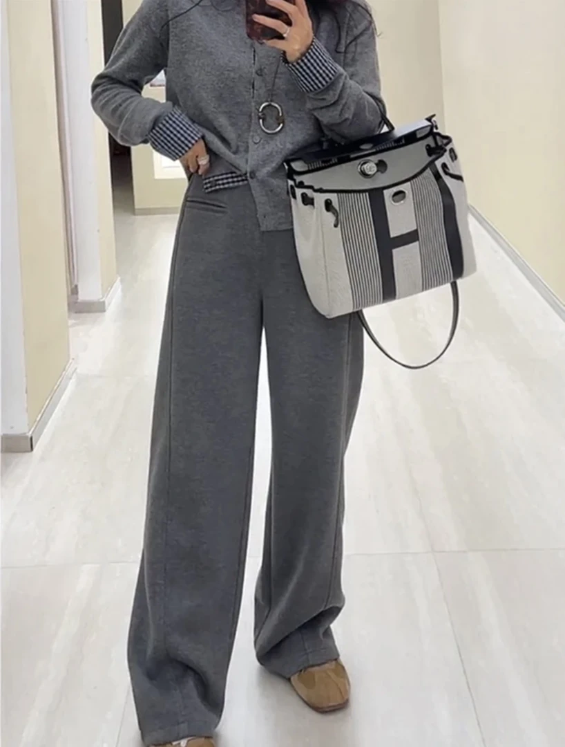 【伊家】加厚高腰显瘦舒适阔腿直筒裤