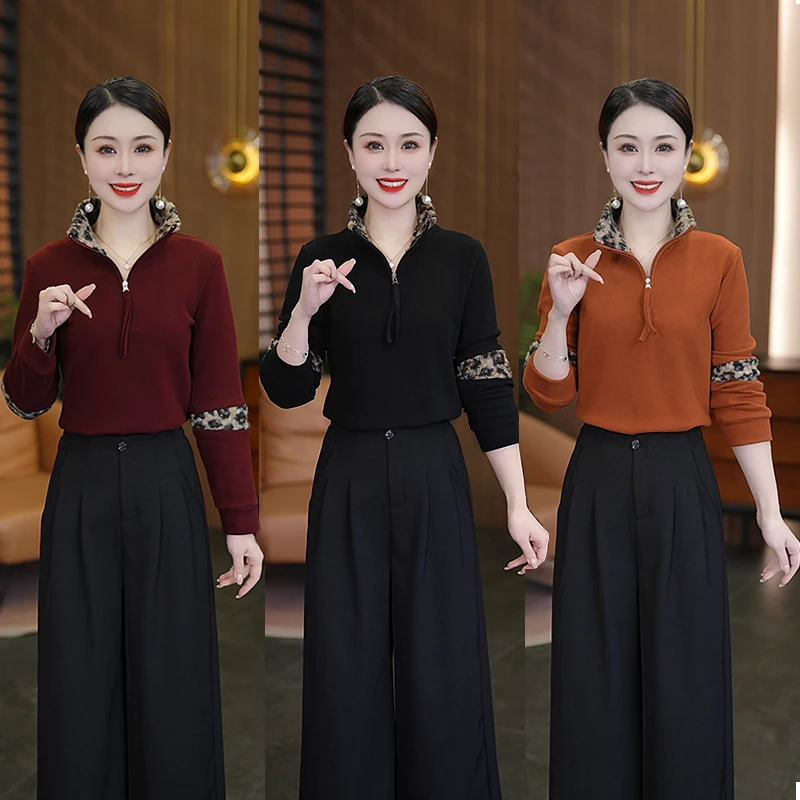 豹纹拼接加厚打底衫女秋冬气质减龄小衫洋气百搭加绒保暖内搭上衣