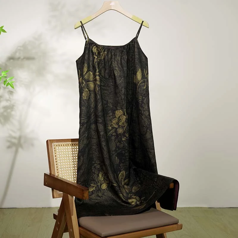 【幽韵】100%桑蚕丝香云纱无袖高定轻盈舒适性感显瘦吊带连衣裙1287