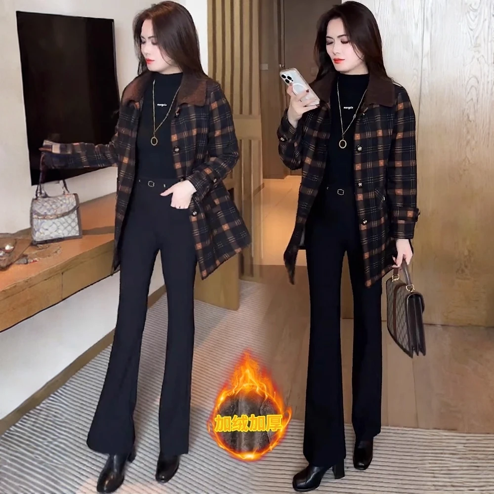 加绒加厚保暖格子毛呢外套女2025秋冬新款洋气中长款收腰显瘦上衣