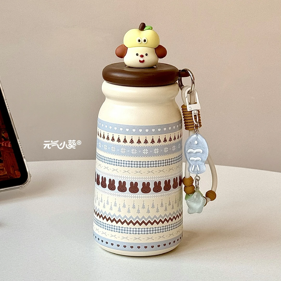 秋冬新款咖色小熊保温杯可爱大容量吸管杯女生高颜值便携提绳水杯