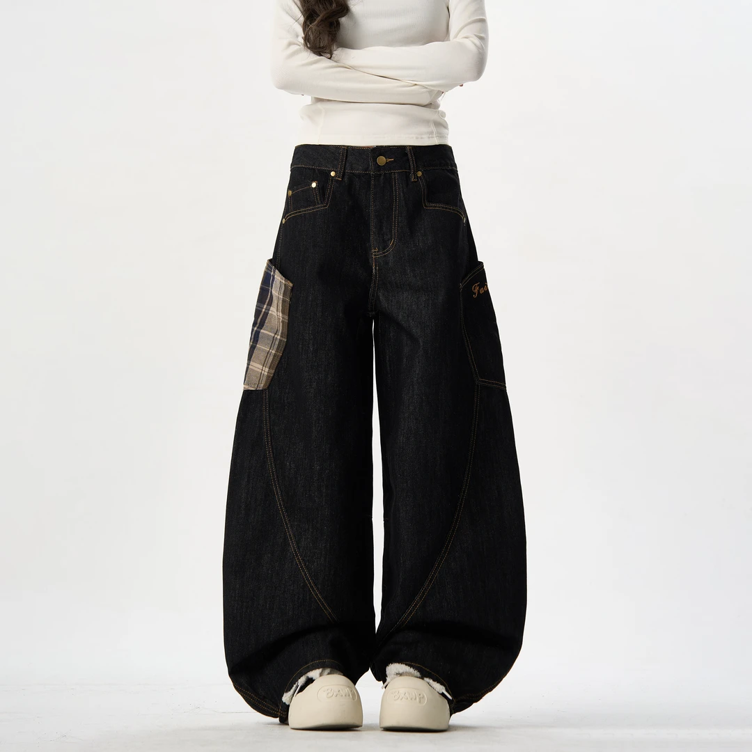MAX ME美式复古格子拼接弯刀牛仔裤男女宽松阔腿大口袋工装裤潮