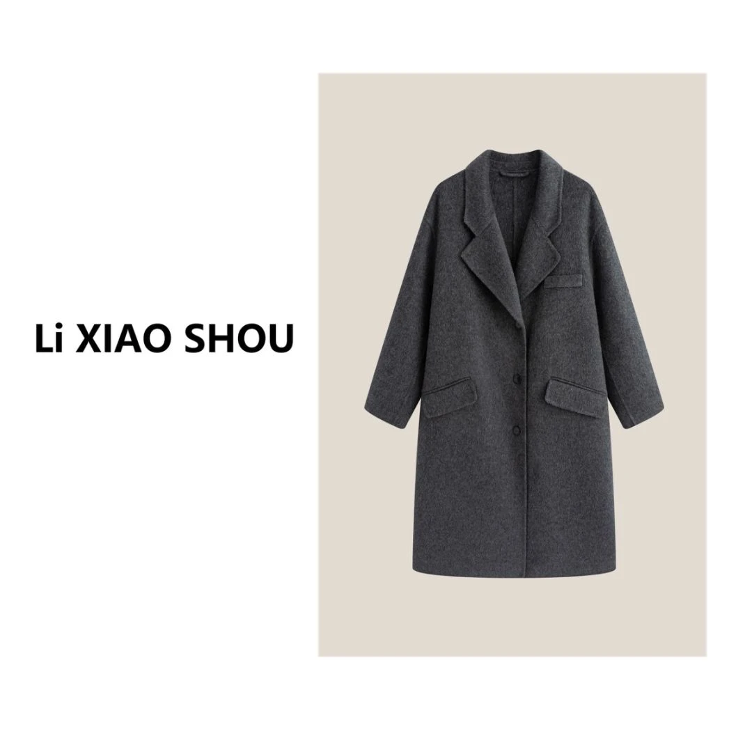 【李小瘦大码女装】冬季气质宽松显瘦中长款双面呢外套女168