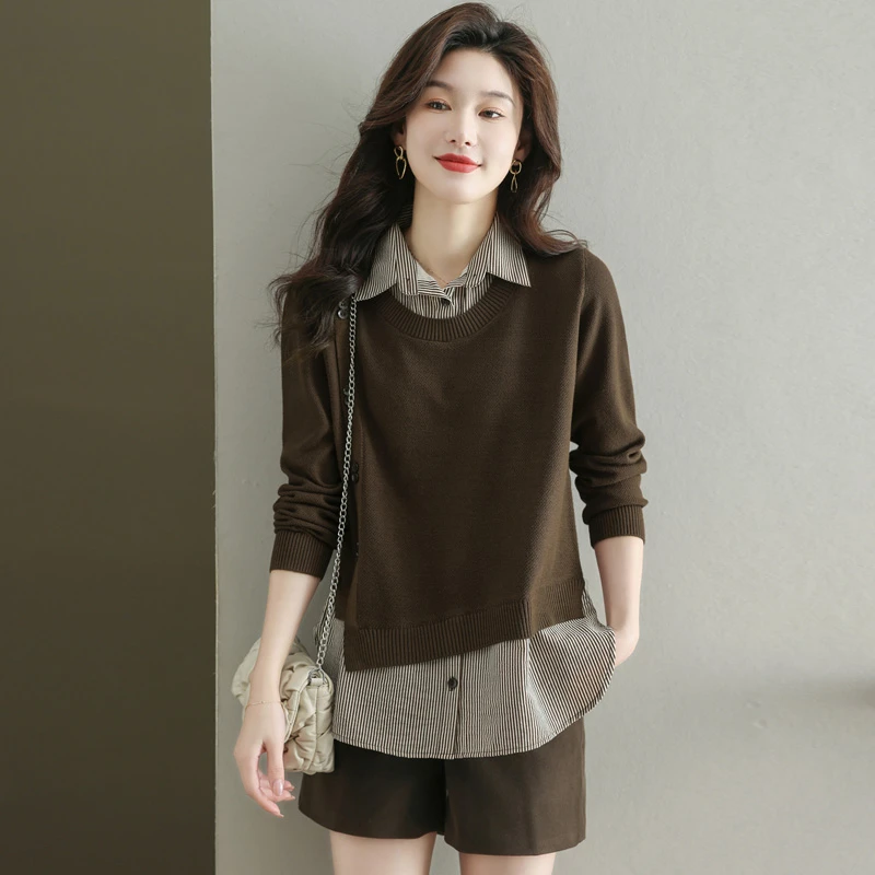 2024春秋冬新款衬衫拼接假两件毛衣女宽松气质衬衣条纹针织衫上衣