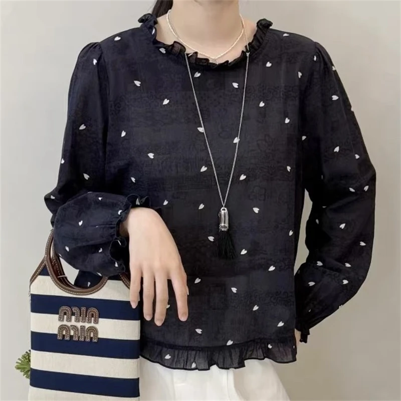 温柔气质爱心印花木耳边薄款长袖衬衫女2025早秋新款褶皱小衫上衣