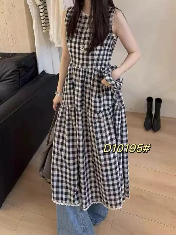 森系复古无袖格纹背心连衣裙D10195