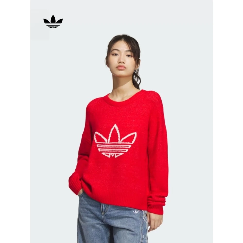 adidas/阿迪达斯三叶草女装新款本命年红色运动服休闲宽松 JN0714