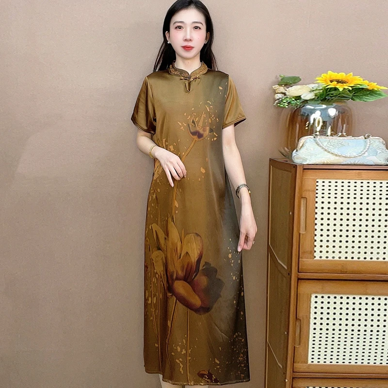 咖色荷花旗袍裙  气质中长款秋季时连衣裙百搭遮肉裙子