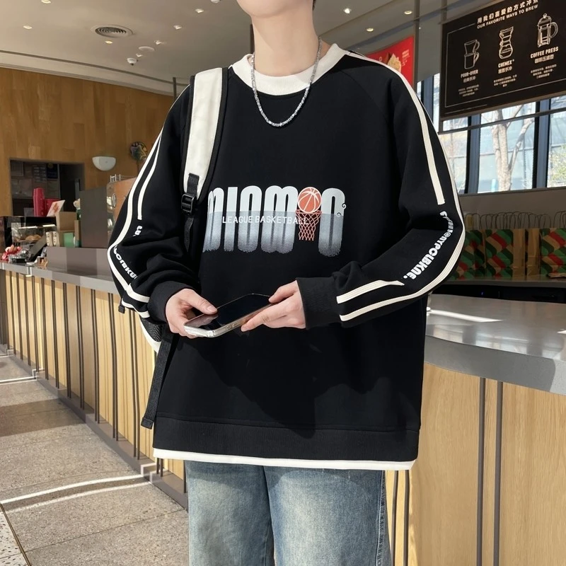 青少年学生春秋新款休闲运动圆领卫衣男生时尚潮流帅气打底上衣服