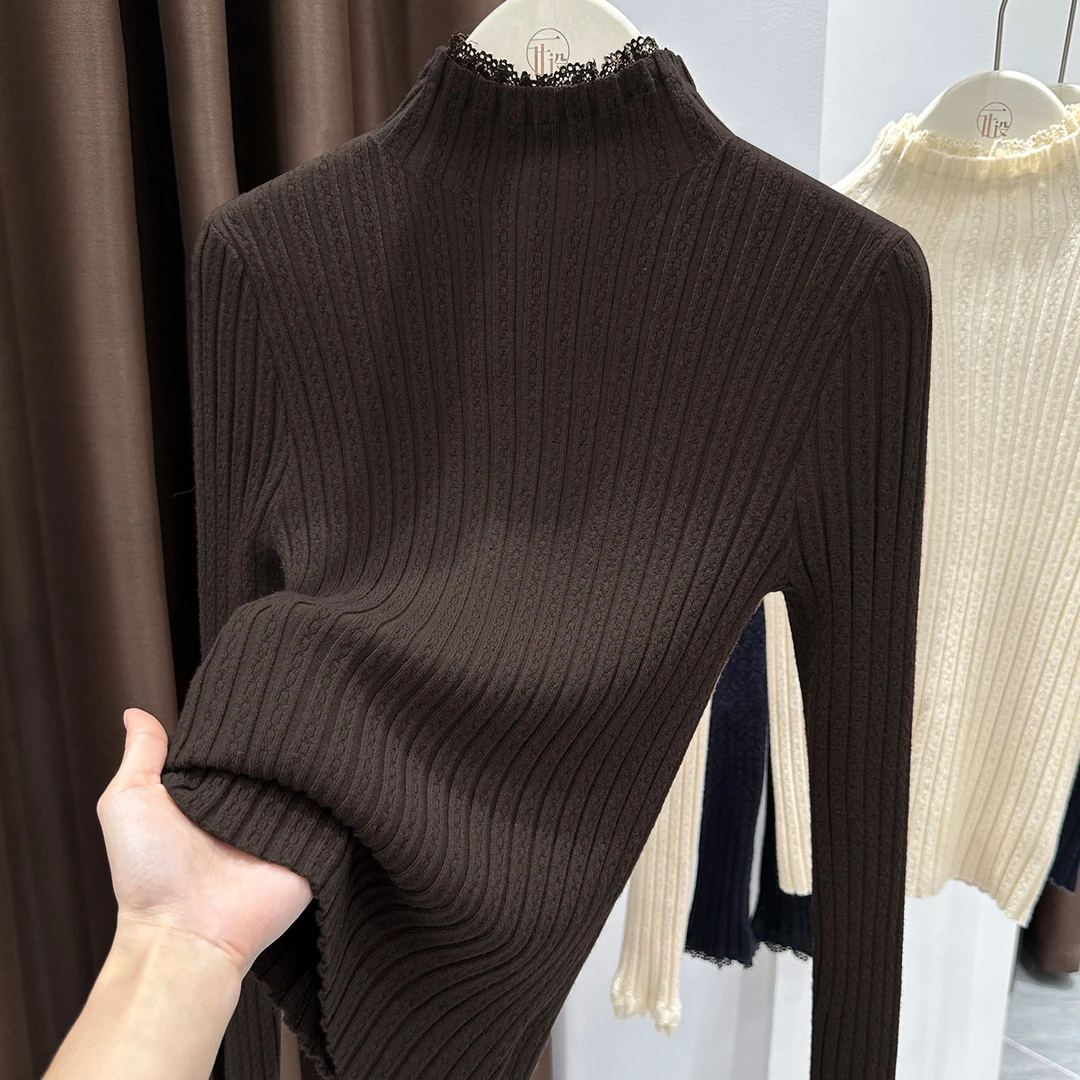 时尚咖色半高领蕾丝花边套头上衣女秋冬新款长袖修身针织打底小衫