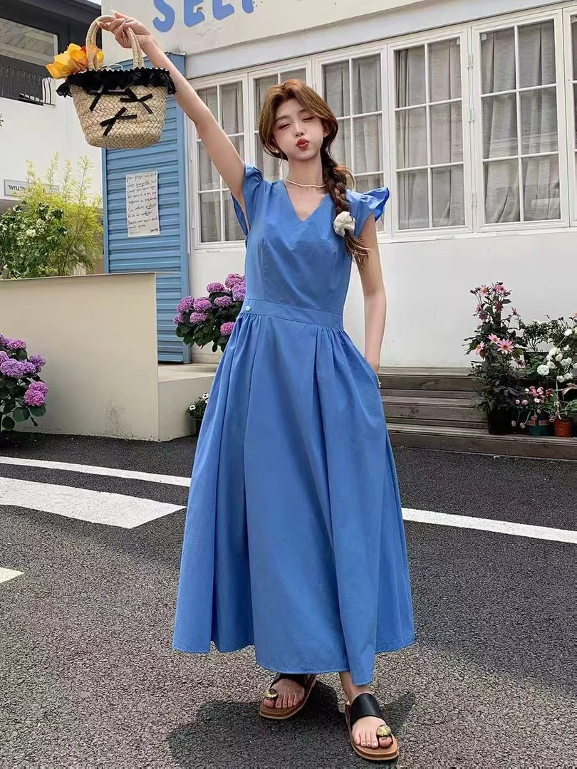 S999#飞飞袖v领连衣裙百搭后背蝴蝶结收腰显瘦茶歇a字裙（约110）