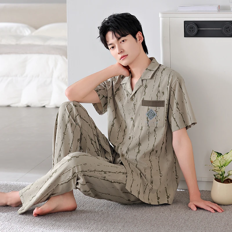 100%纯棉男士夏季薄款短袖长裤开衫宽松休闲加肥加大码全棉家居服