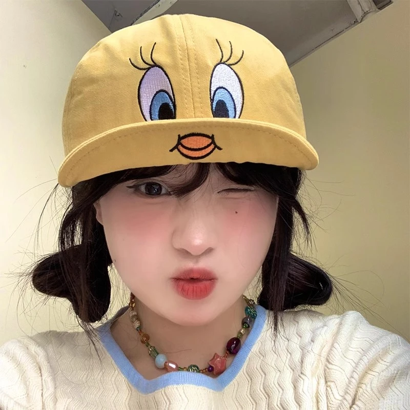 韩国崔弟翠儿翻檐鸭舌帽子可爱小黄鸭刺绣棒球帽女显脸小大头围潮