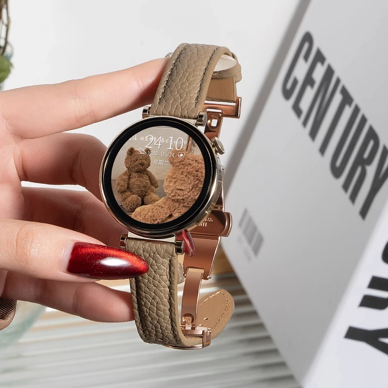 荔枝纹真皮适用华为gt5表带gt4蝴蝶扣watch4男gt3pro女款手表腕带