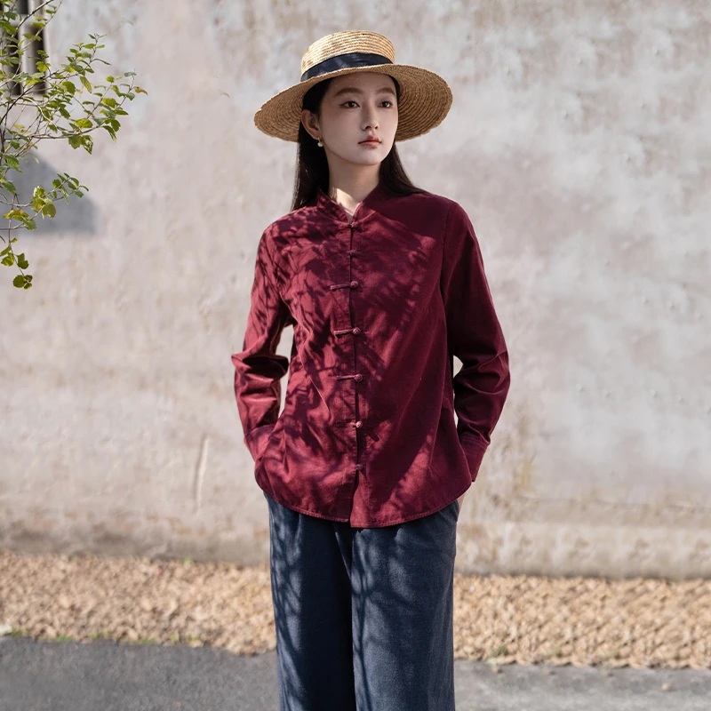 言作原创春新品软糯28细条灯芯绒匹马棉新中式衬衫 心植桂冠 五