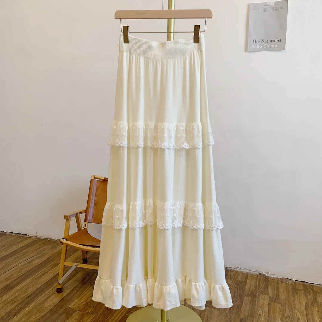 针织蛋糕裙C4755蕾丝边松紧腰针织半身裙