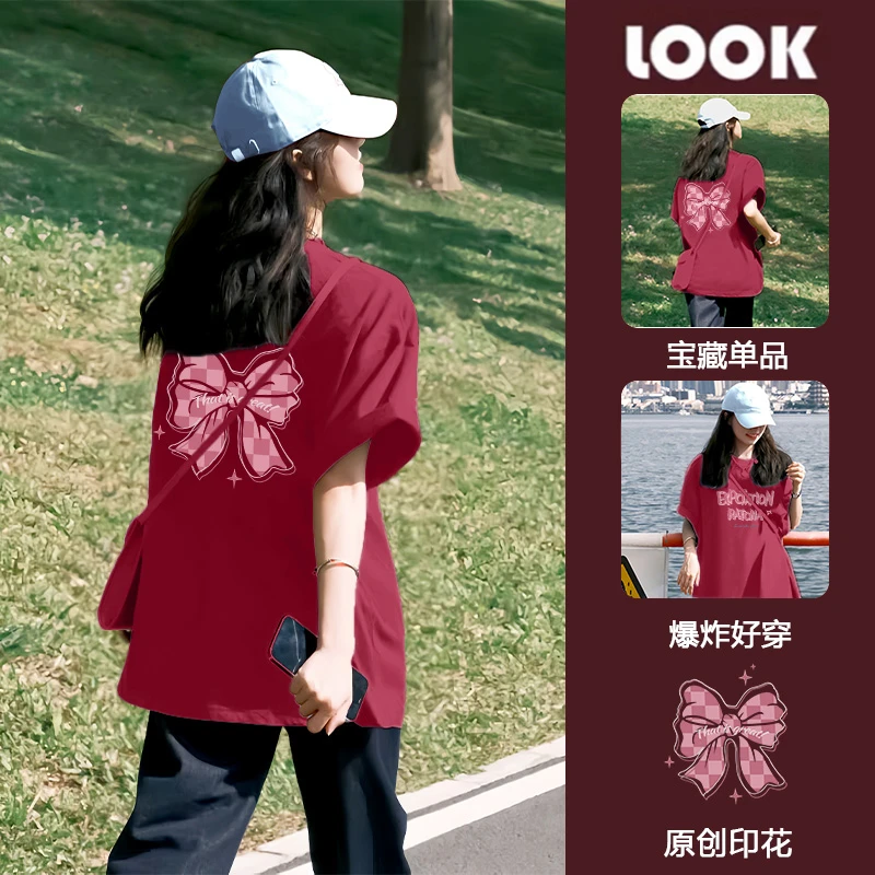 MJSTYLE红色纯棉宽松短袖t恤女款2025夏季欧若风圆领印花休闲气质