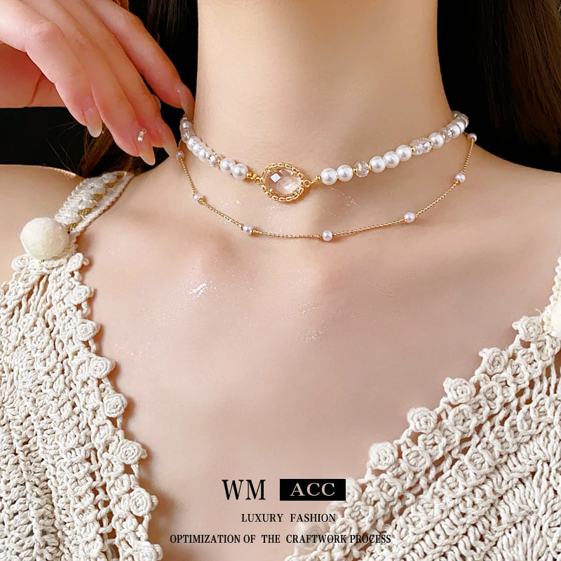 吊坠925银仿珍珠 几何仿项链时尚百搭气质双层锁骨链小众轻奢高级